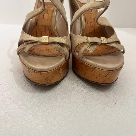 41. Christian DIOR Gold Peep Toe Wedges 7 - Picture 6 of 14